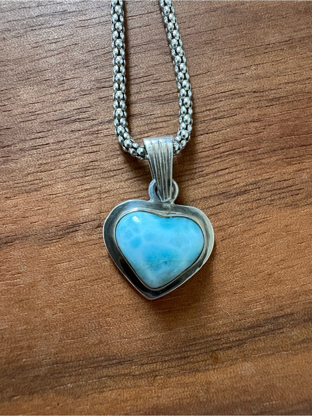 925 Sterling Silver Larimar Heart Pendant Necklace 18” Italian Popcorn Chain
